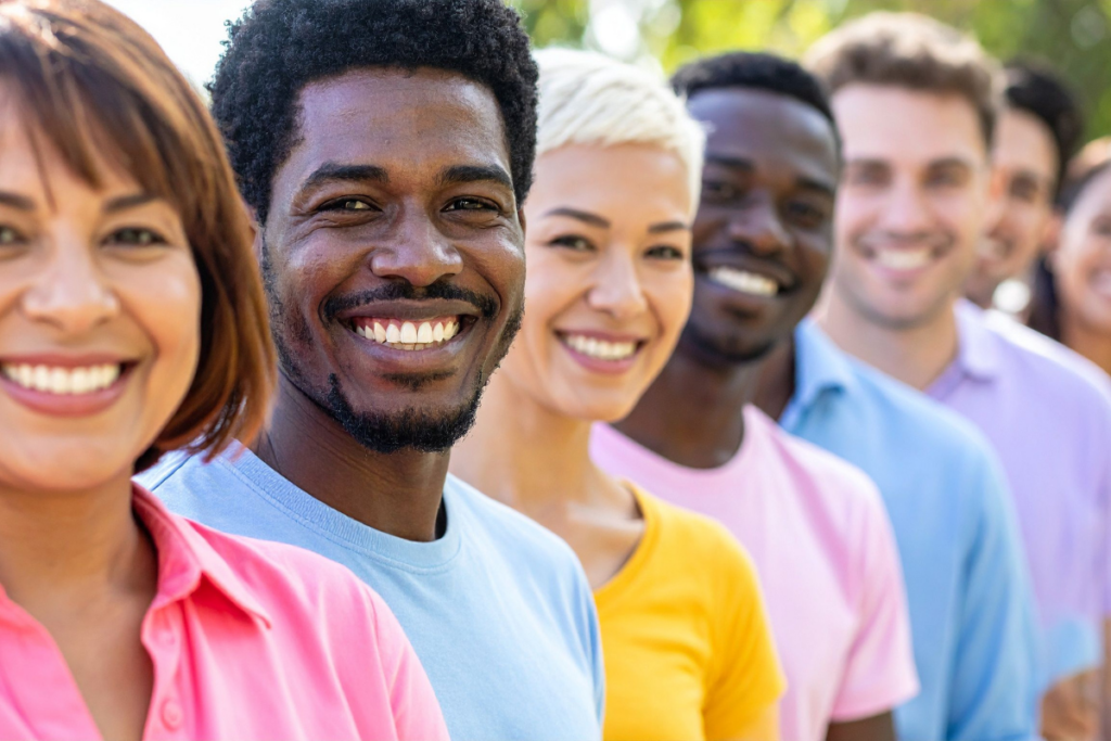 A group of diverse people wearing brightly coloured clothes and smiling into the camera. The diversity represent ths the range of people who would benefit from an ESOL course.