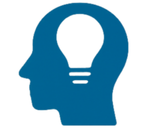 A silhouette head in profile, overlaid with an simple lightbulb image, representing Think Bigger