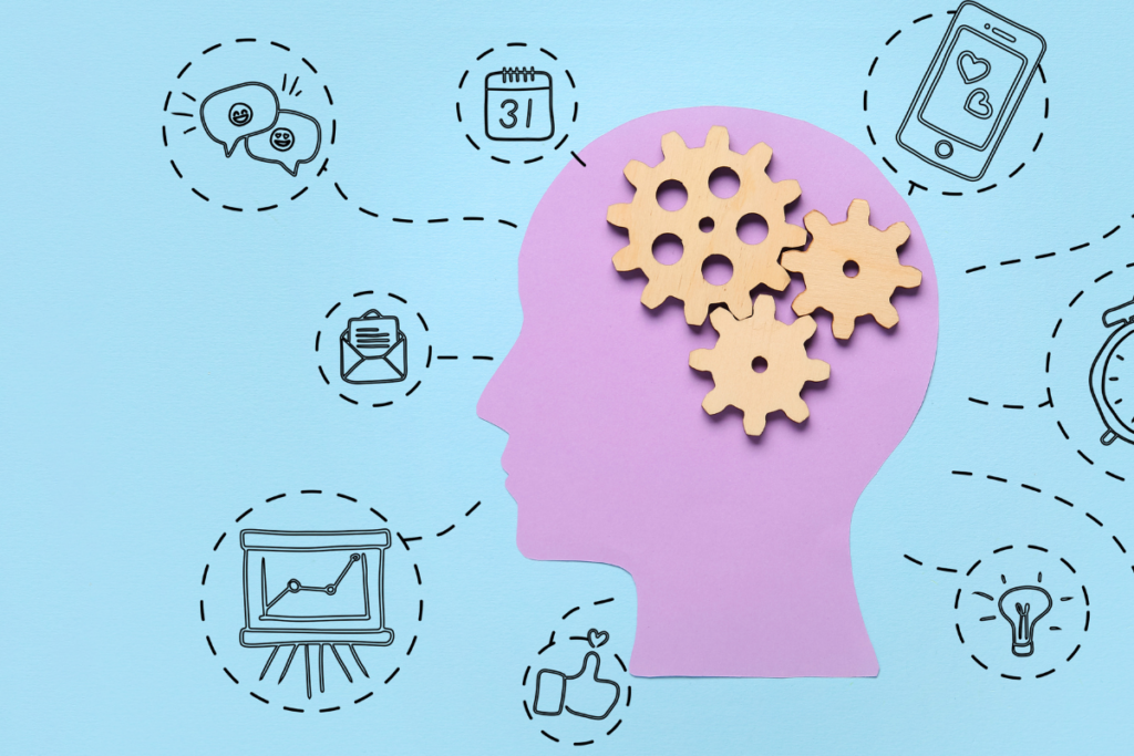 A pink silhouette of a human head, on a blue background, with thought bubbles linked to the head with dotted lines, representing the various aspects of Introduction to Psychology